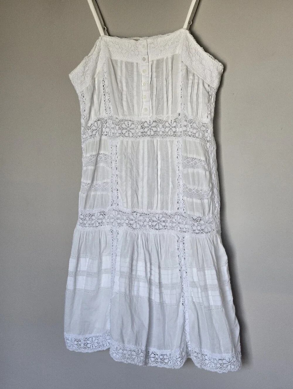 Boho Western Babydoll Lace-Trim Spaghetti Strap Sheer Mini Dress in White Size S - Picture 3 of 10